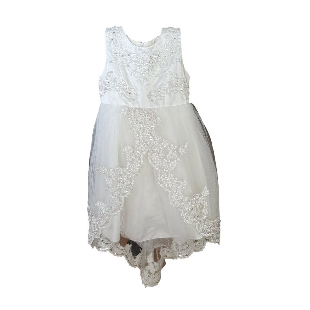 Just Couture Girls Sleeveless White Lace Embroidered High-Low Dress With Tulle O